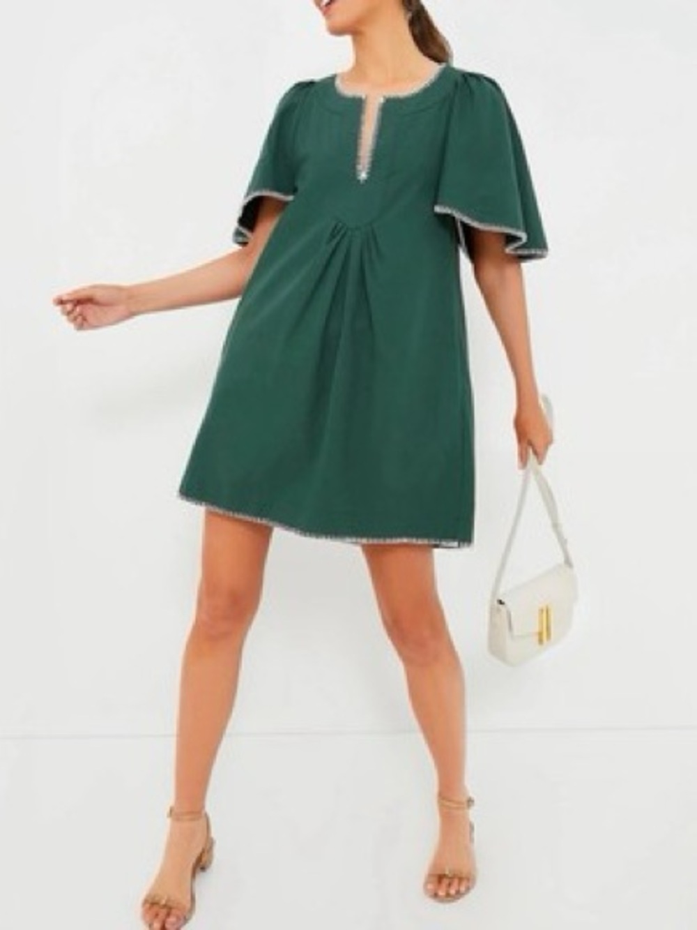 Pomander Place Green Flutter Sleeve Mini Dress Blanket Stitch, Size Small